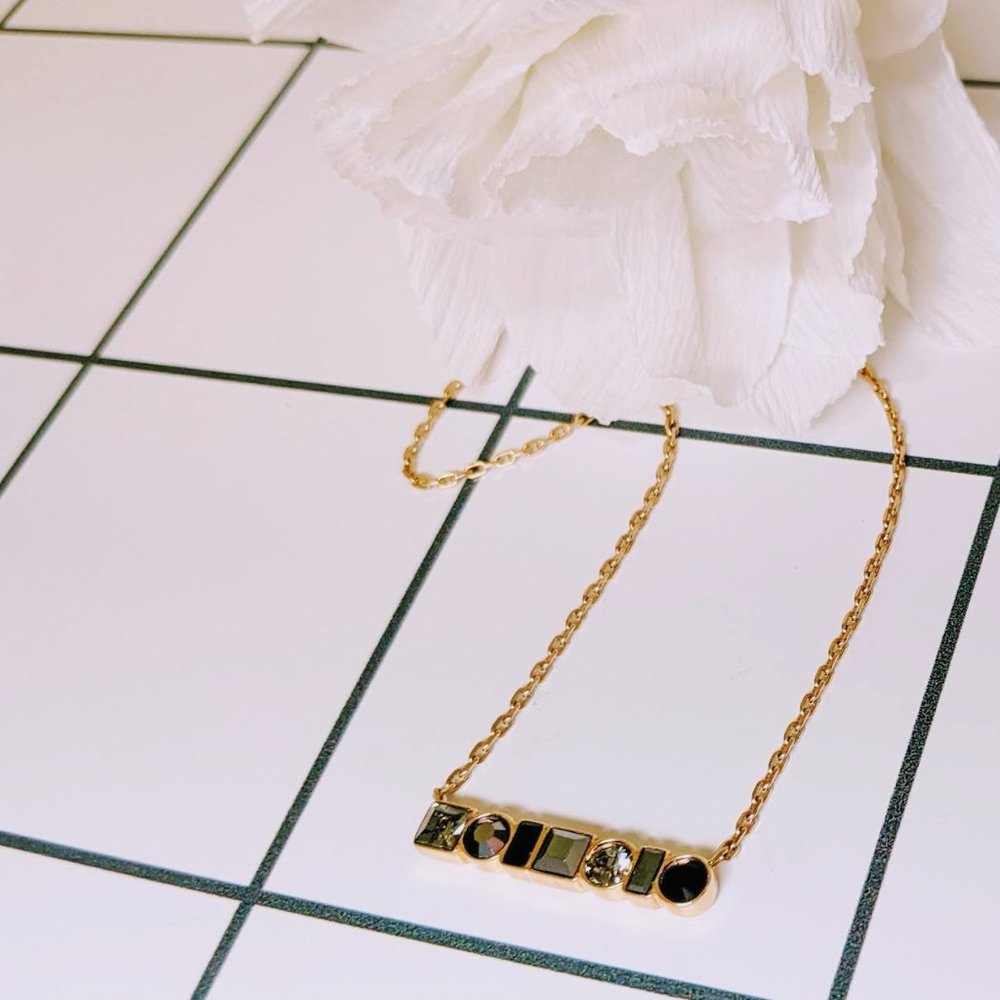 Almost New - Gold Toned Stainless Steel Black Gemstone Bar Necklace from Fossil